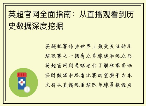 英超官网全面指南：从直播观看到历史数据深度挖掘