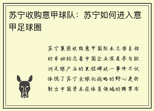 苏宁收购意甲球队：苏宁如何进入意甲足球圈