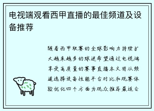 电视端观看西甲直播的最佳频道及设备推荐